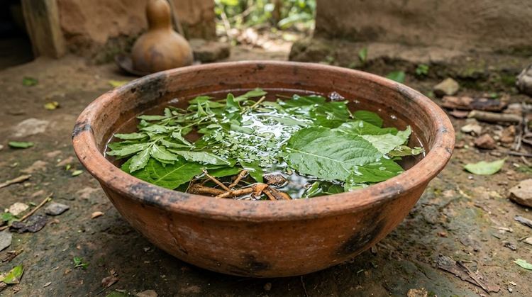 Calebasse traditionnelle d’eau bénite et de feuilles sacrées d’amassi purificateur